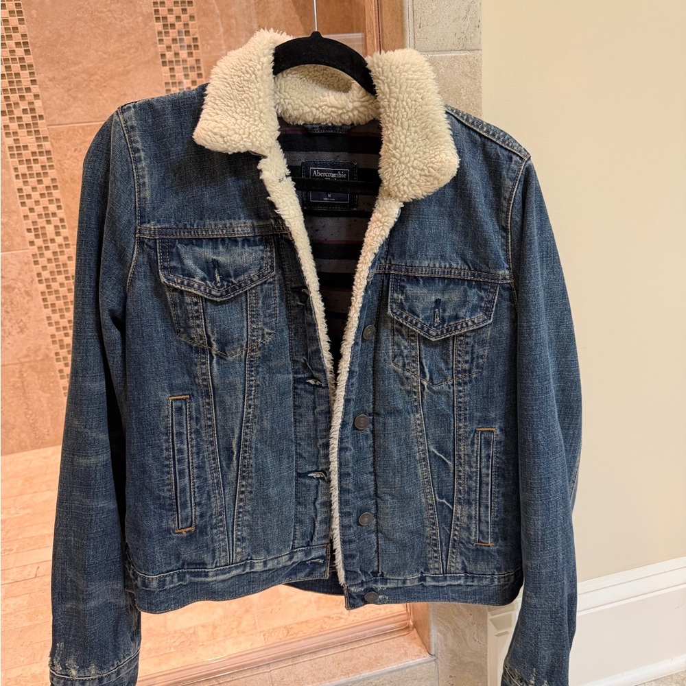 Abercrombie & Fitch Blue Denim Jacket with Cream Sherpa Collar